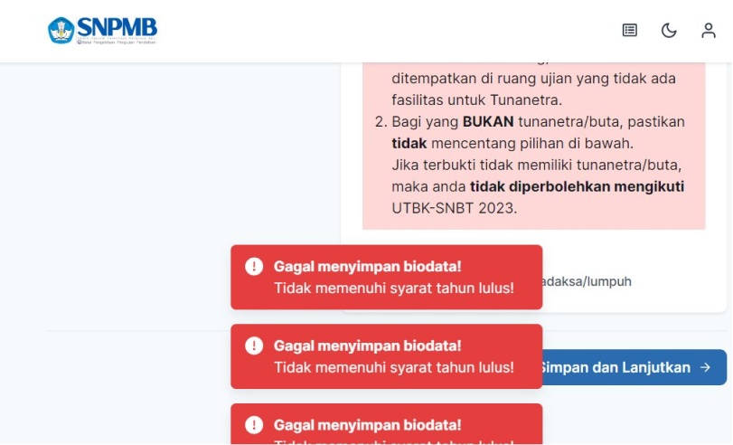 Gagal Menyimpan Biodata SNBT 2023