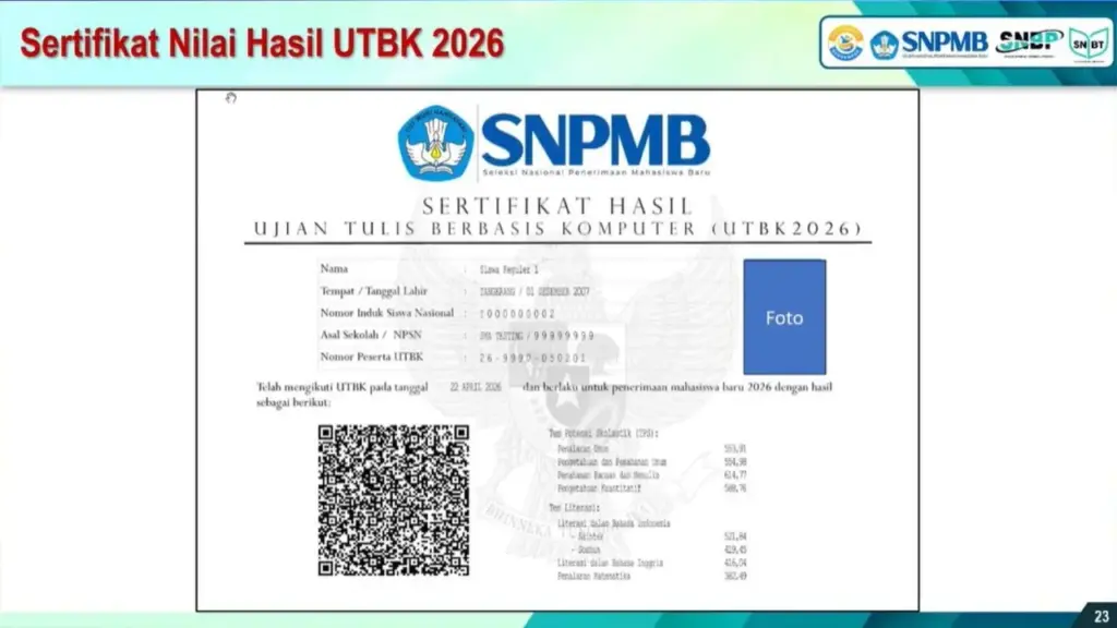 Nilai Sertifikat UTBK 2026 Ada Saintek dan Soshum
